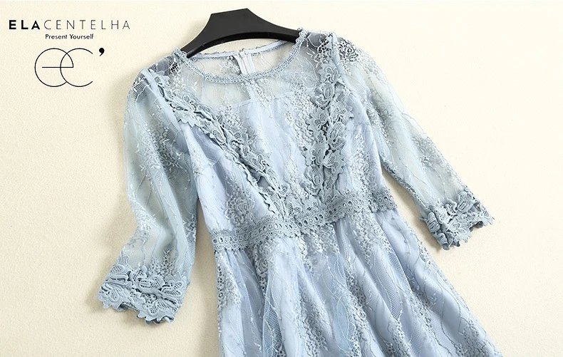 ElaCentelha Women Office Lady Dress Half Sleeve Mid-Calf Length O-Neck Collar Summer Women's A-Line Patchwork Lace New | Женская
