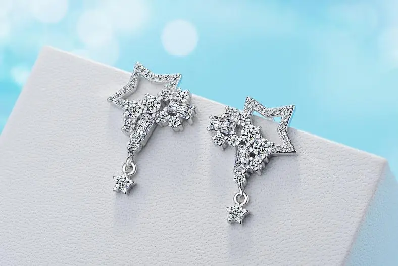 

Luxury Shiny Cubic Zirconia Star 925 Sterling Silver Ladies`long Tassel Stud Earrings Jewelry For Women Anti Allergy Wholesale