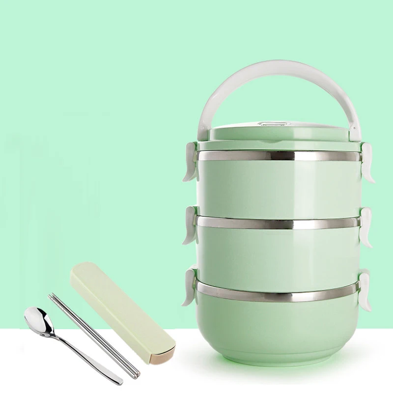 Green 3 Layer Металлический Ланч-бокс из нержавеющей стали для детей, студентов, Теплоизоляционный контейнер для суши, Портативный японский Бенто-бокс, столовый набор - Цвет: Green 3 Layer