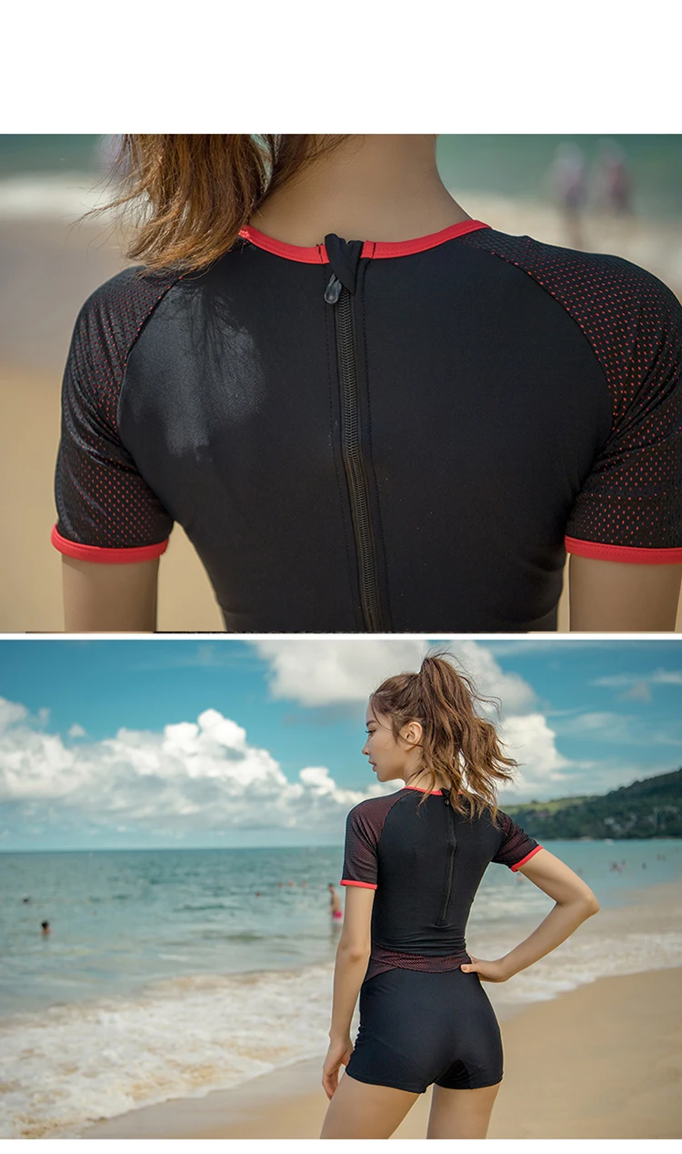 Mesh Patchwork Rash Guard Women Solid Swimwear Short Sleeve Swimsuit Shorts Surfing Suit Black Bathing Suit Korea Diving Clothes