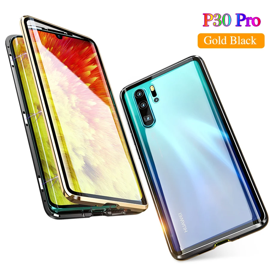 Gold Black P30Pro Роскошные кожаные Магнитная Адсорбция металлический корпус для huawei P30 Pro P30pro Etui 360 Полное покрытие изогнутая Стекло двойной прозрачные Экран протектор - Цвет: Gold Black P30Pro
