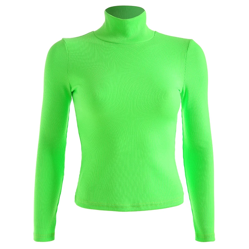 

Women Rib Knitted Long Sleeve T Shirt 2019 New Turtleneck Lime Green Tops Slim Fit Knitwear T-Shirts Tees Tops