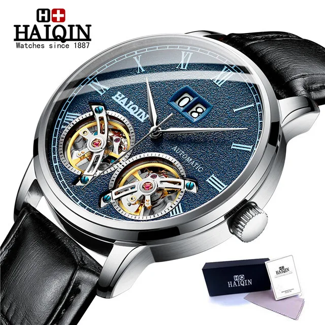 L-silver blue HAIQIN мужские часы Новые Топ люксовый бренд Роскошные автоматические часы с двойным турбийоном мужские часы в Военном Стиле часы reloj hombr - Цвет: L-silver blue