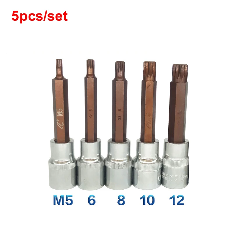 5PCS/Set 1/2" S2 Alloy Torx Screwdriver Bits Set 12 Point MM Spline Socket Bit Set M5 M6 M8 M10 M12 Tool With 100mm length