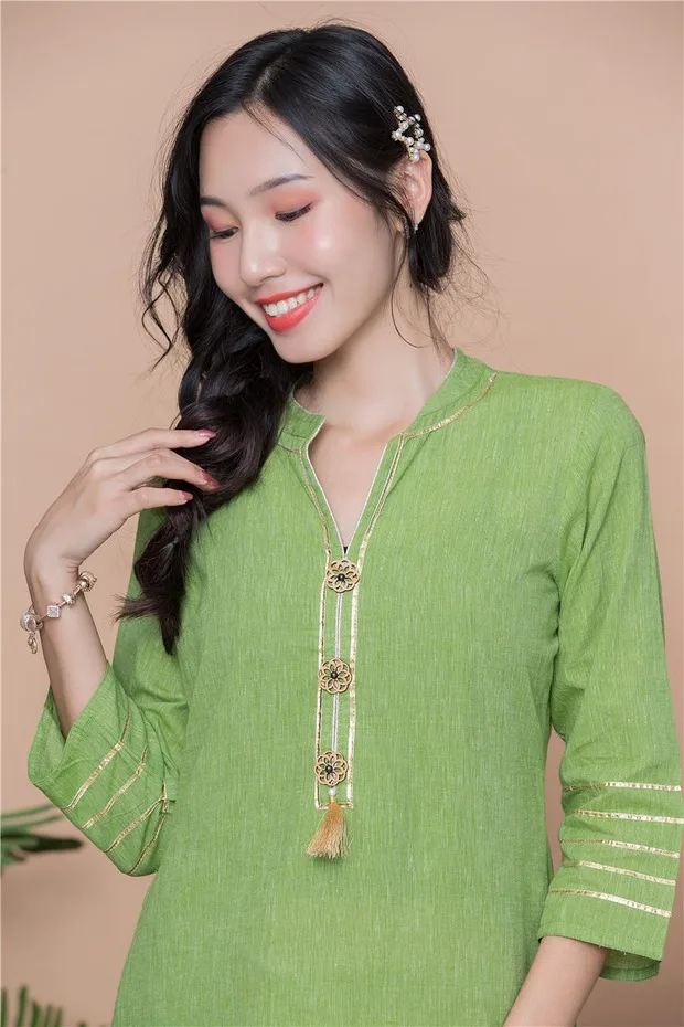 Woman Fashion Ethnic Styles Sets Print Cotton India Dress Lady Long Green Top And Pants