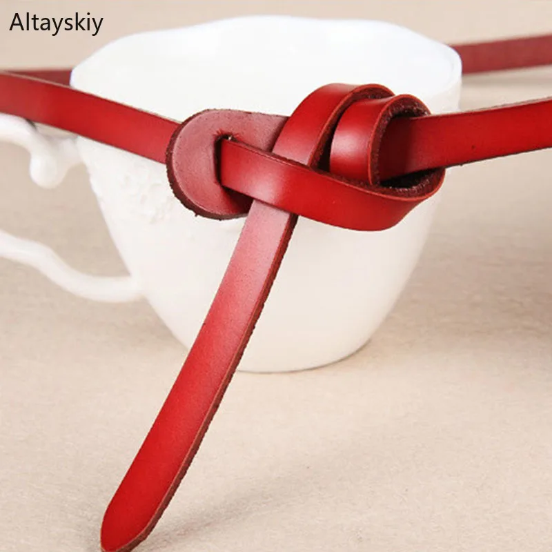

Belts Women Retro Solid Thin Genuine Leather Knotted Cowskin Womens Dress Waist Belt Simple Leisure Trendy Chic Korean Style New