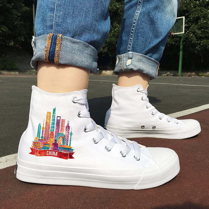 

Wen Design Shanghai Guangzhou Beijing Hongkong Landmarks of China Cities Canvas Men Women's Sneakers White Black High Tops