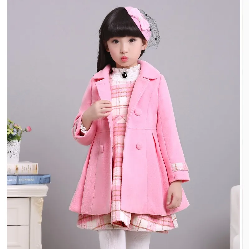 pink 2 pcs Шерстяная Одежда для девочек комплект из 2 предметов, детское твидовое пальто+ клетчатое платье-жилет осенне-зимняя Детская шерстяная куртка+ платье, костюм-двойка, P4 - Цвет: pink 2 pcs