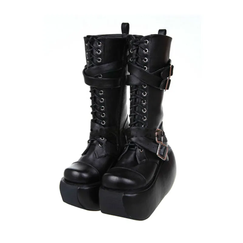 

Princess sweet punk shoes lolita spring Side zipper round head cos and punk cool fashion Zipper high boots women pu7002