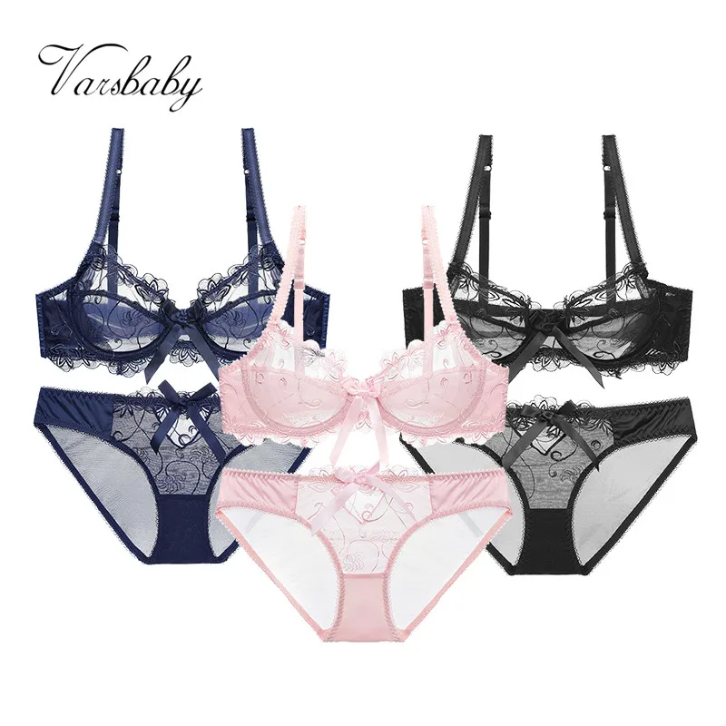 black blue pink Varsbaby 3 компл./лот Сексуальное Тонкое кружевное нижнее белье женские на косточках Цветочный Большой Размеры бюстгальтер наборы для ухода за кожей - Цвет: black blue pink