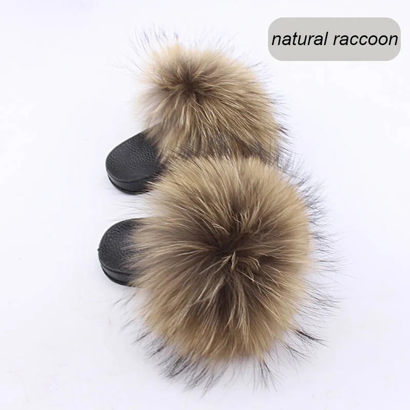 natural raccoon MS. MinShu/детские тапочки с лисьим мехом; домашние тапочки для детей; Роскошная обувь с лисьим мехом; пушистые мягкие Меховые тапочки; меховые сандалии на плоской подошве - Цвет: natural raccoon