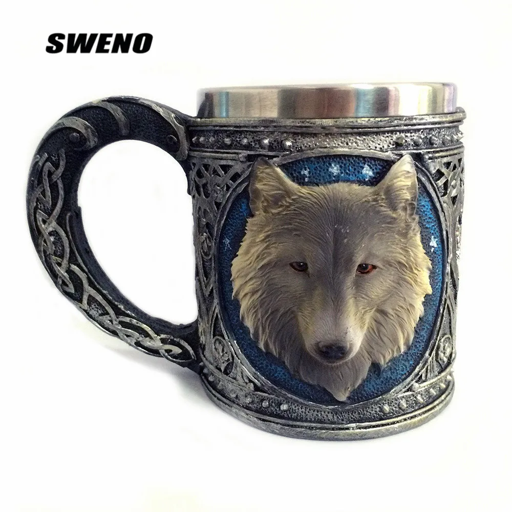 SWENO New Strange Wolf Head Mug 3D Resin Stainless Steel Cup Cartoon Animal Drinking | Дом и сад