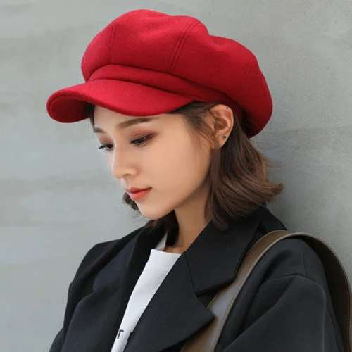 Красный HT1990 осенне-зимние шапки для женщин, одноцветные Восьмиугольные кепки Newsboy для мужчин и женщин, повседневная шерстяная шапка, Зимний берет для женщин, шапка художника - Цвет: Красный