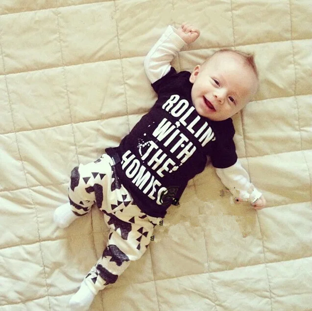 New 2016 baby boy clothes infant cotton letter printed long sleeve t-shirt + pants 2pcs suit girl clothing sets |