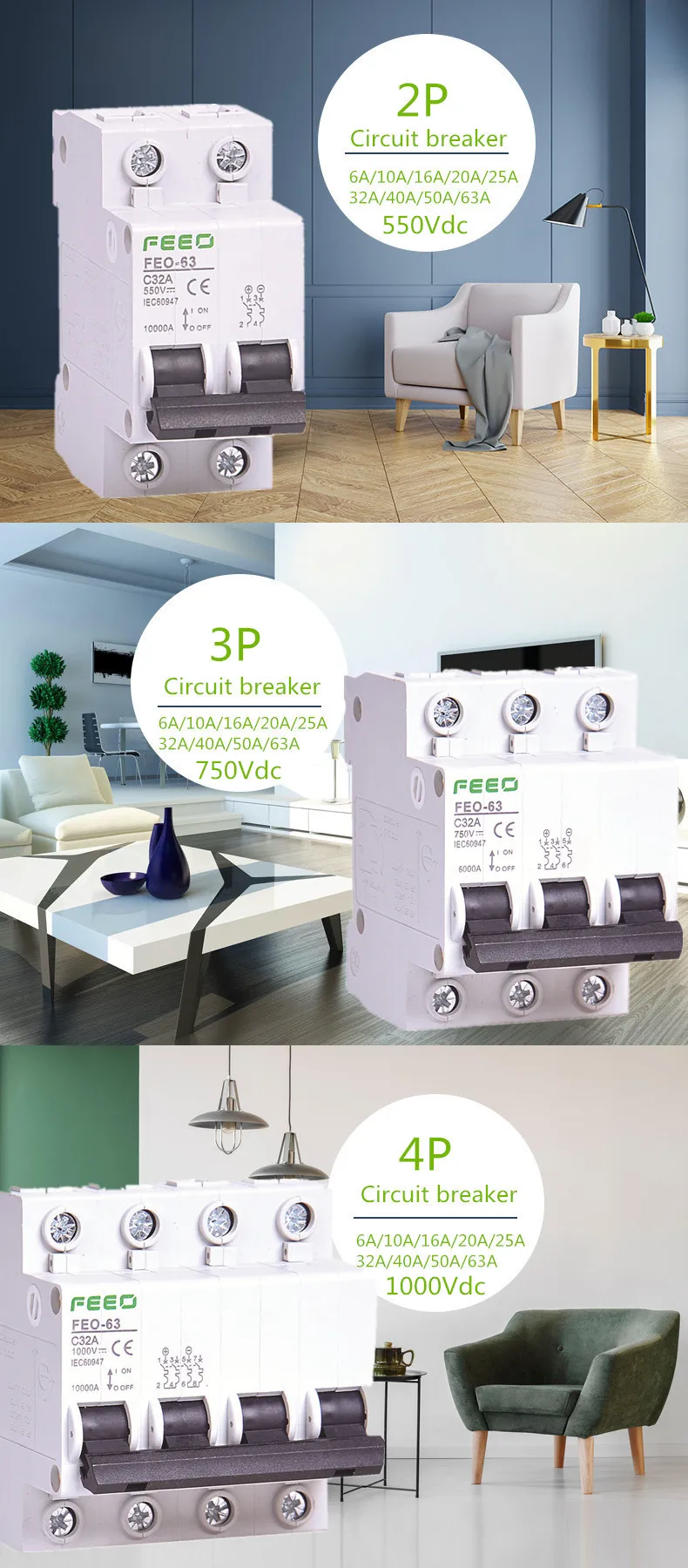 FEEO 2P 6A/10A/16A/20A/25A/32A/40A/50A/63A DC 550 в автоматический выключатель MCB солнечной энергии фотоэлектрический