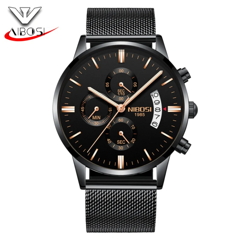 Часы наручные NIBOSI мужские с календарем брендовые Роскошные светящиеся в золотом