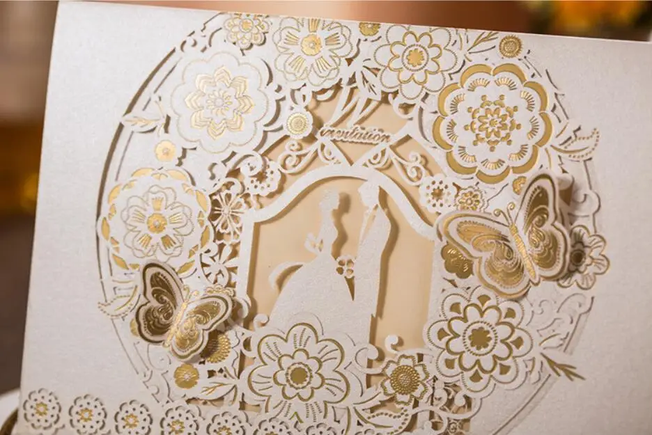 Customized White&ampGold Laser Cut Floral Wedding Party Invitation Card Bride &ampGroom Marriage Invitations 100PCS Express Shipping | Дом и