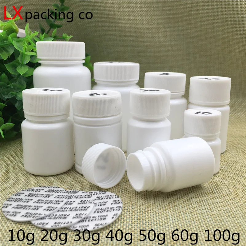 

30pcs 10ML 30G 60g 100ml white Plastic Packing Bottles white lid Tank Candy Seal Pack Powder pill Containers bank Free Shipping