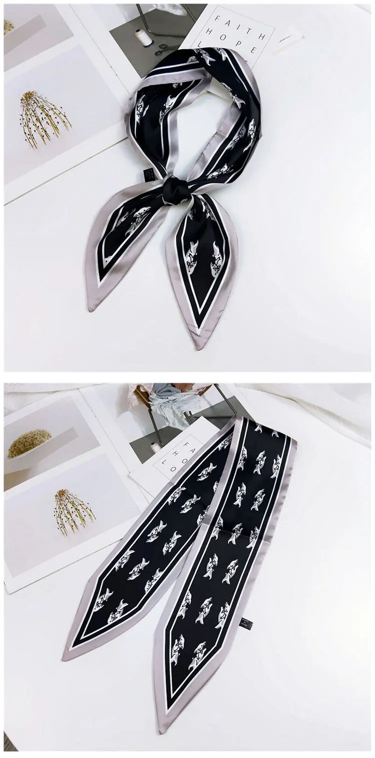 Fashion Hair Scarf For Women Neckerchief Cute Tie Wrist Ribbons Print Silk Satin Bag Scarfs Long Skinny Scarves For Ladies