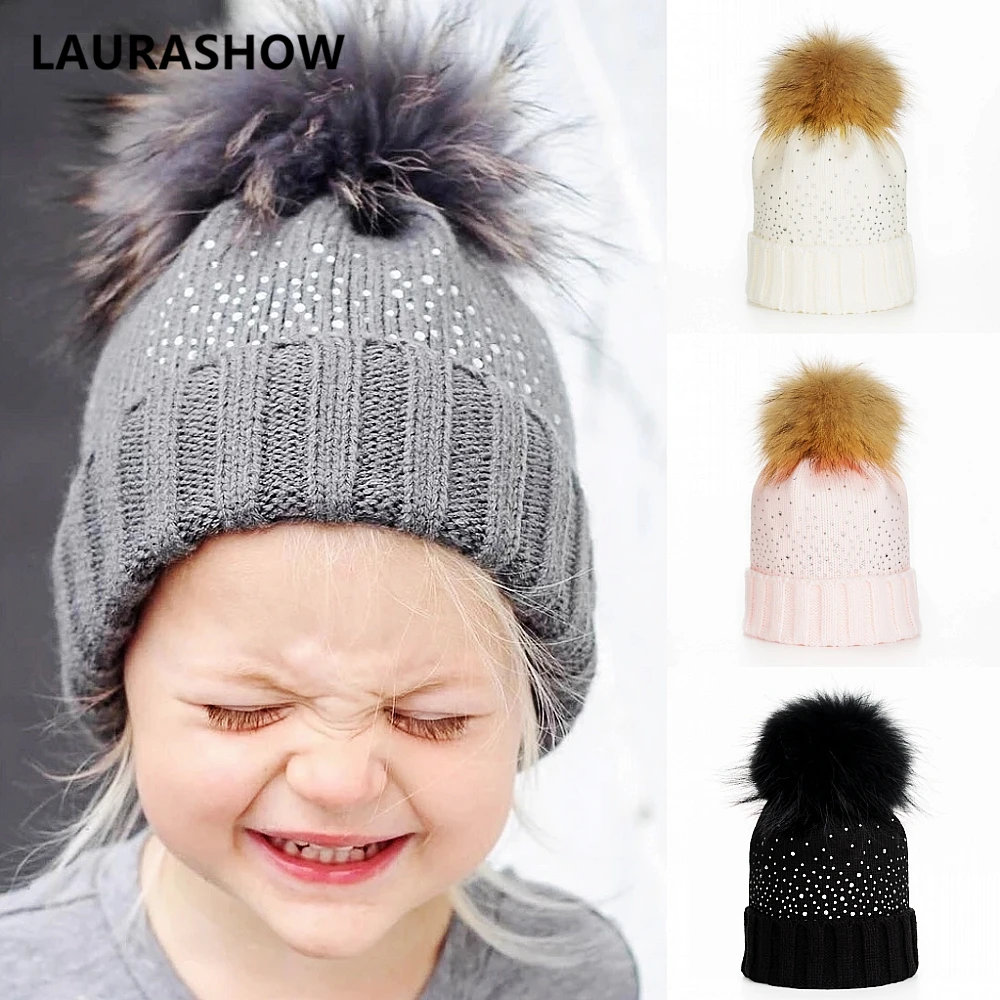 

LAURASHOW Winter Baby Real Mink Fur Ball Beanie Knit Hat Kids Warm Raccoon Fur Pom Poms Skullies Beanies Wool Cap