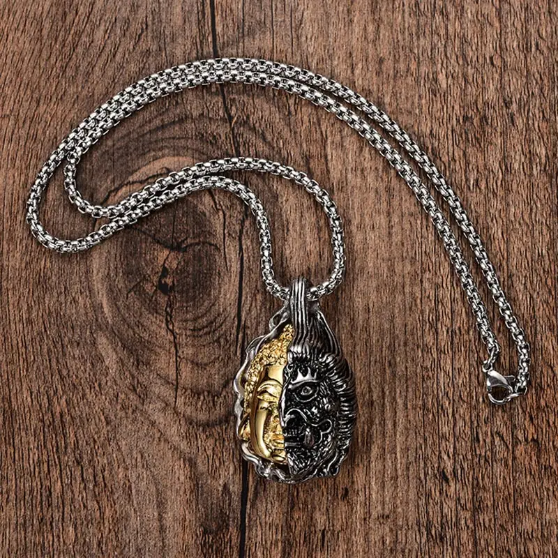 ZFVB Vintage Kind Evil Half Buddha Demon Face Necklace Hiphop Rock Design 316L Stainless Steel Punk Pendant Necklaces For Men | Украшения и