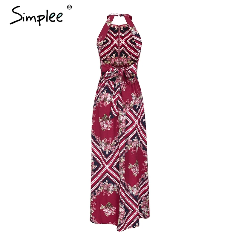 Simplee сексуальное платье с открытой спиной и принтом, женское платье с элегантной талией, Бохо длинное платье, летнее Пляжное Платье Макси