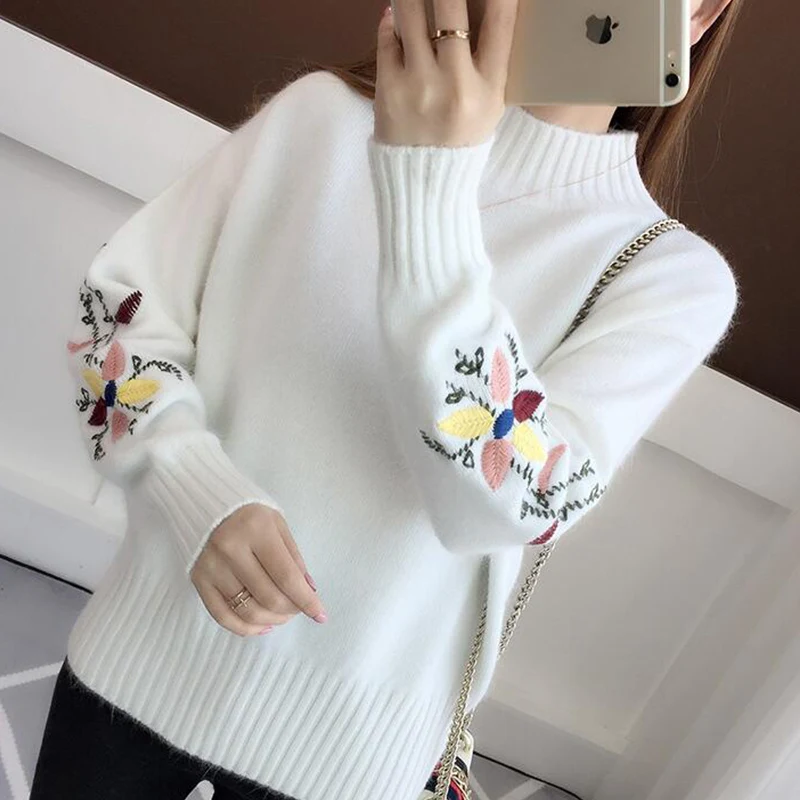 TIGENA Embroidery Turtleneck Sweater Women 2019 Winter Thick Warm Knit Sweaters and Pullovers Female Long Sleeve Jumper Ladies | Женская