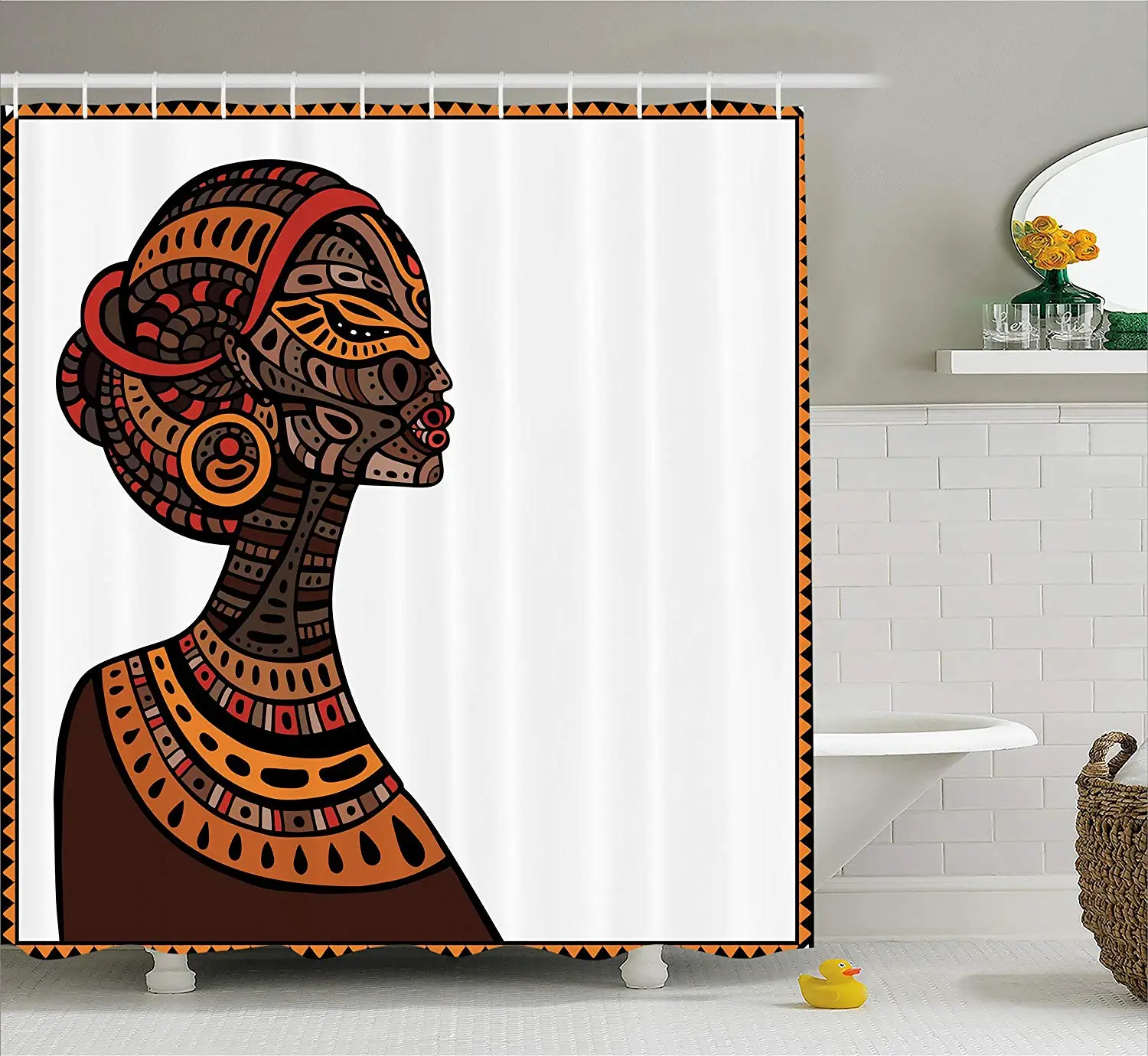 African Shower Curtain Tribal Exotic Beauty Woman Figure with Traditional Mask Totem Illustration Fabric Bathroom Decor | Дом и сад