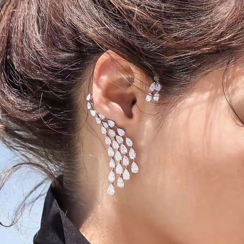 

HIBRIDE Luxury Design Clear Cubic Zircon Water Drop Ear Cuff Women Clip Earrings Single Piece E-407
