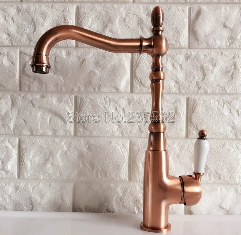 

Antique Red Copper Kitchen Sink Faucet Washbasin Faucets Ceramic Lever Cold & Hot Water Mixer Bathroom Taps Deck Mounted lnf419