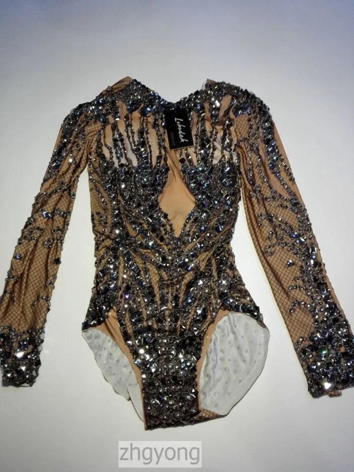 Sparkly Rhinestones Elastic Long Sleeve Bodysuit Bar Club Women Singer Stage Outfit Sexy Party Show Performance Dance Costume