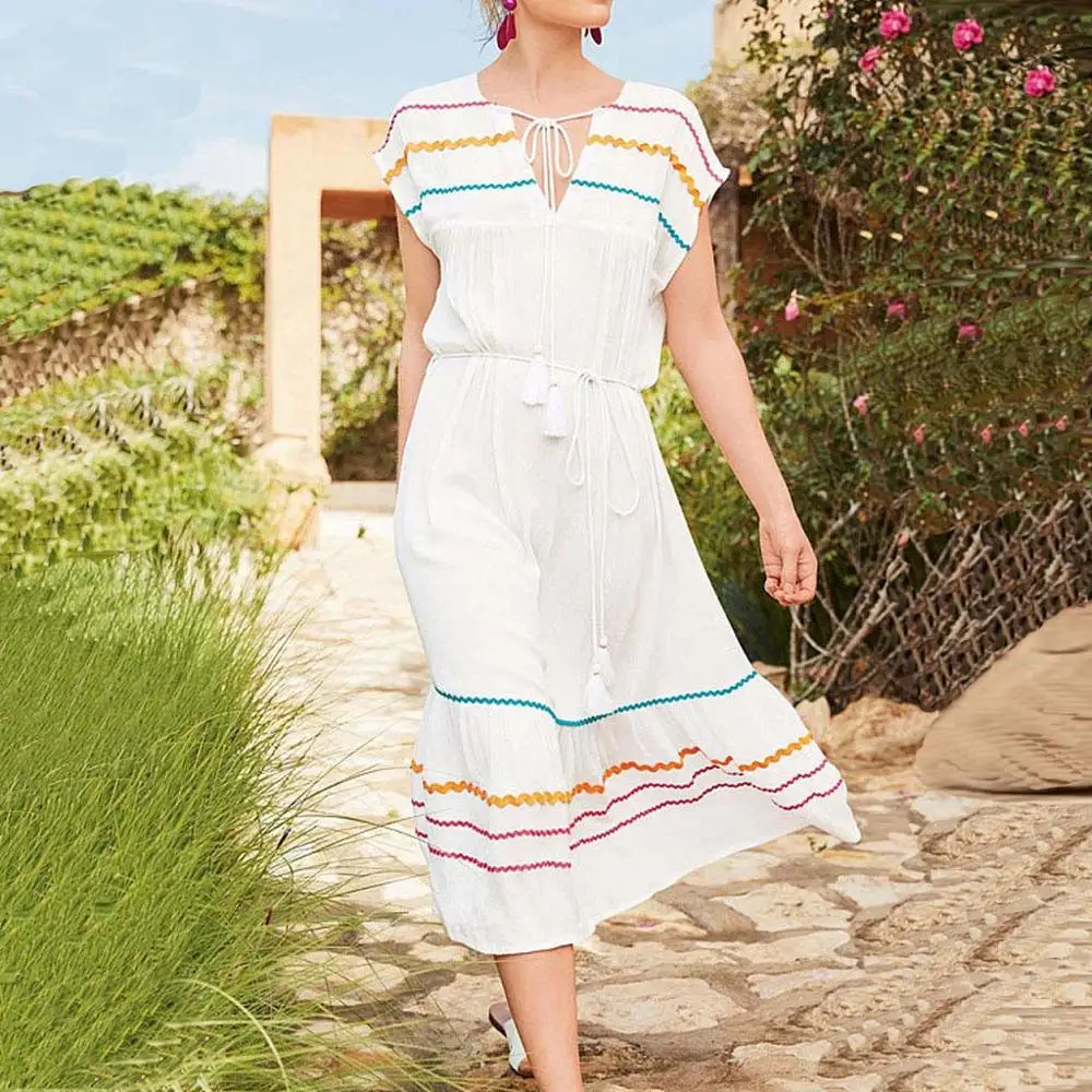 2019 Новое повседневное женское летнее свободное однотонное платье в богемном