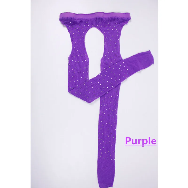 Purple Open Crotch Женские сексуальные ажурные колготки с открытой промежностью, сетчатый колготки, блестящие стразы, нейлоновые чулки размера плюс, нижнее белье, сексуальные чулки колготки - Цвет: Purple Open Crotch