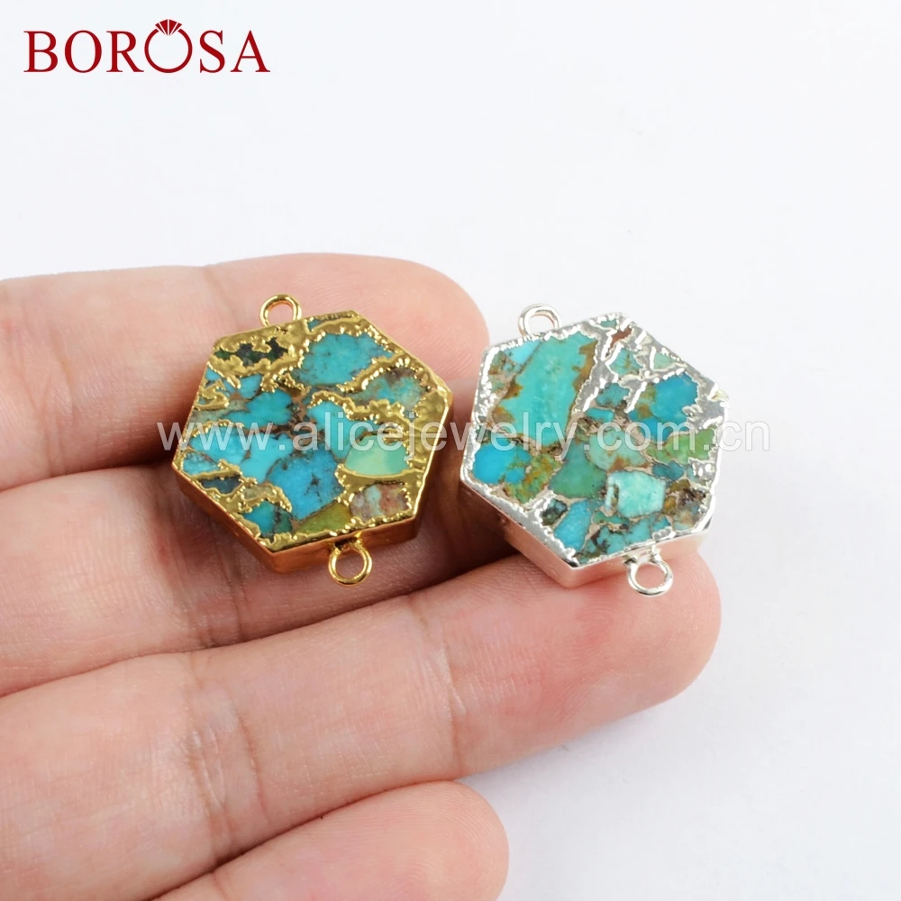 

BOROSA 5 шт., соединители форм из натурального камня с шестигранником, медная бирюза, Золотой/Серебряный цвет, кулон для изготовления ожерелья ...