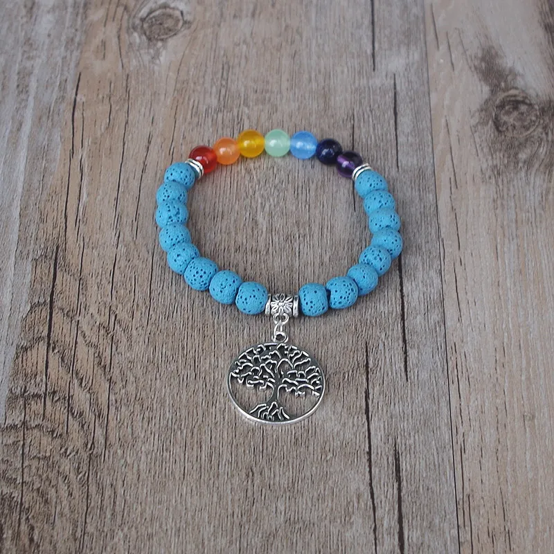 Life Tree 7 Чакра браслет 8 мм синие Бусины Из лавового камня Исцеление йогой рейки