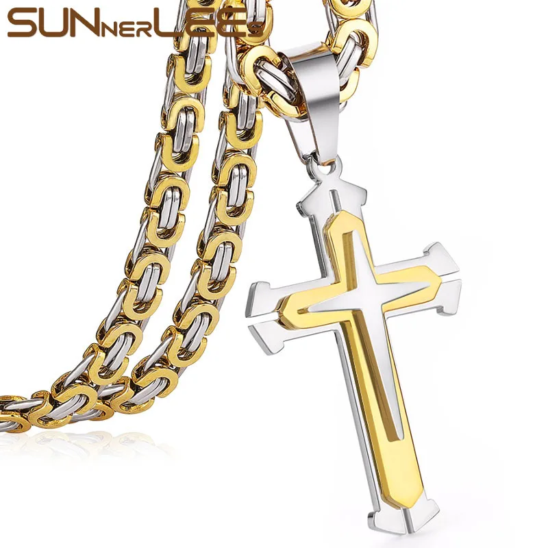 

SUNNERLEES Stainless Steel Jesus Christ Cross Pendant Necklace Byzantine Link Chain Silver Color Gold Plated Men Boy SP201