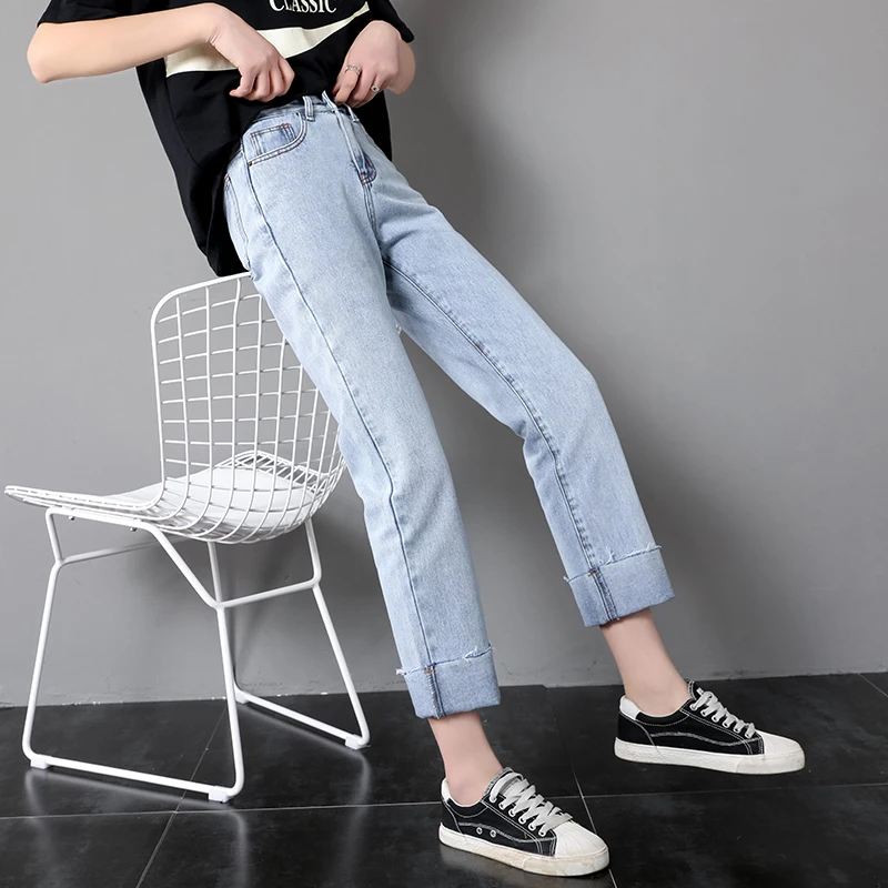

2019 New High Waist Korean Version of The Loose Straight Cuff Retro Jeans Woman Cotton Softener Womens Clothing Jeans Student
