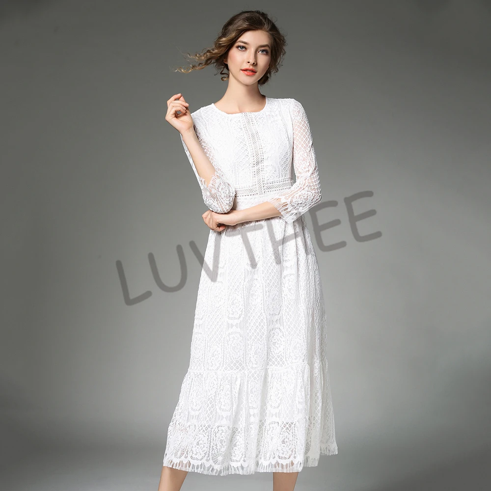Белые кружевные платья для женщин, с высокой талией, Vestido Mujer, с круглым вырезом, платье в стиле пэчворк, большие размеры, 3/4 рукав, халат, N618