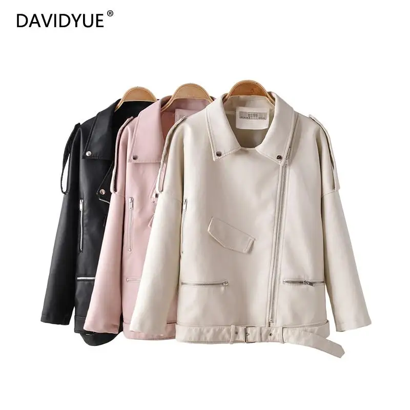 

Pink leather jacket women long sleeve sashes zipper white coat turn down collar black PU biker jacket modis fashion clothes