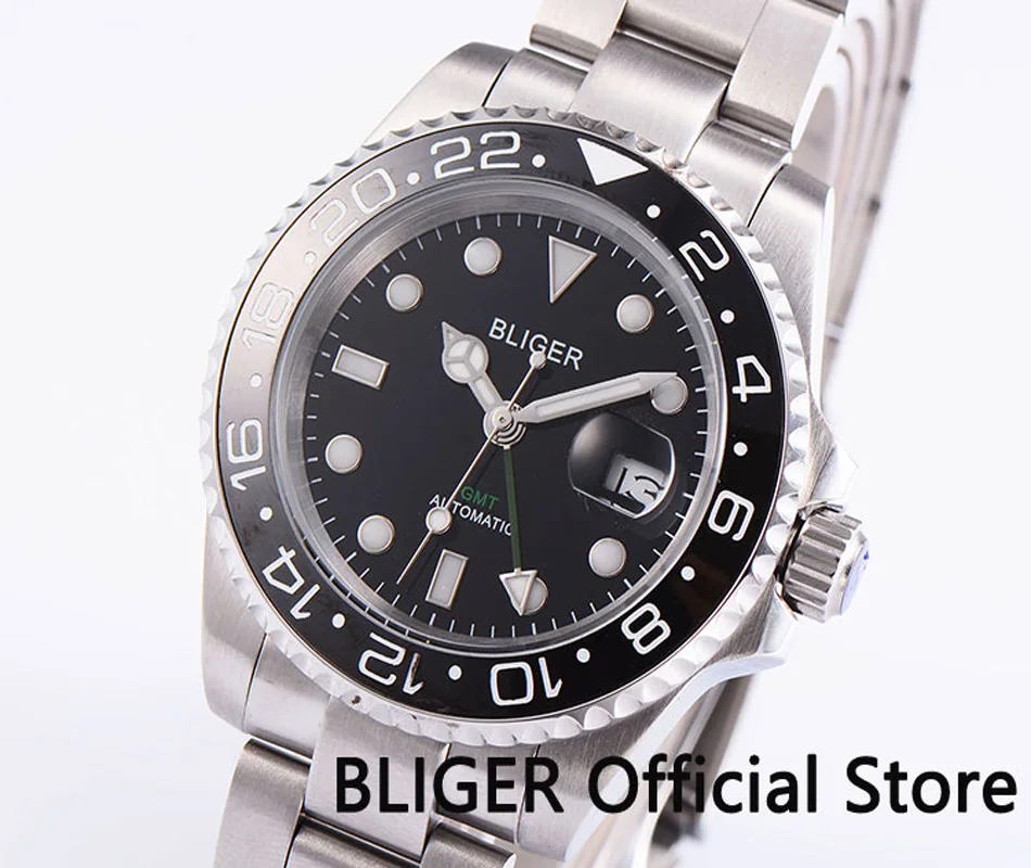 BLIGER 40 мм GMT Функция сапфир Стекло Для мужчин часы черный циферблат Керамика