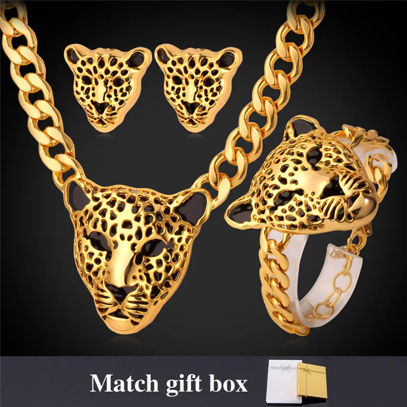 Ожерелье и браслет с головой леопарда Комплект сережек для женщин Винтажные