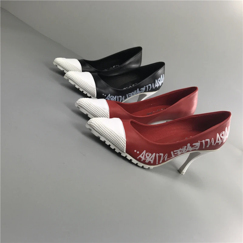 

Pumps 2 Color Women Shoes European 2018 Spring Korean Version Pointed Shallow Letter Print High heel Lady's Shoes for Office