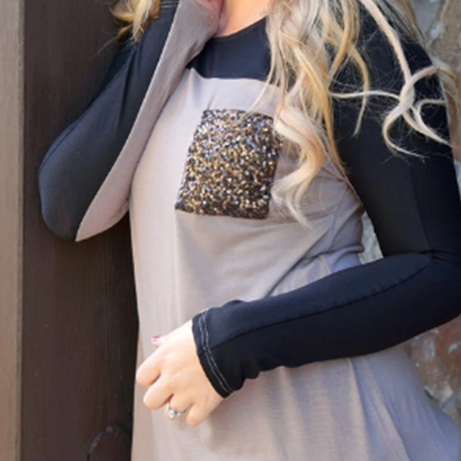 Женские повседневные длинные футболки с блестками лоскутные топы круглым