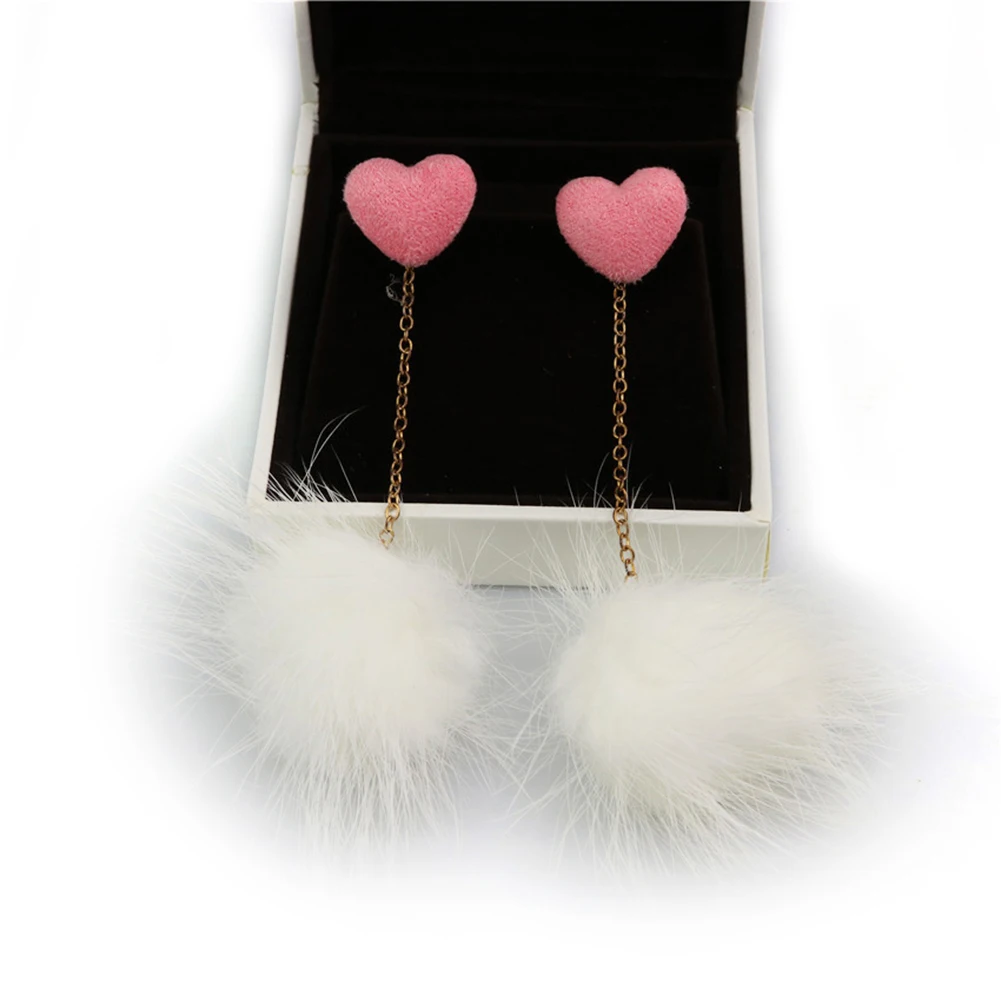 

Women's Lovely Long Heart Fur Ball Tassel Earrings Party Jewelry Gift