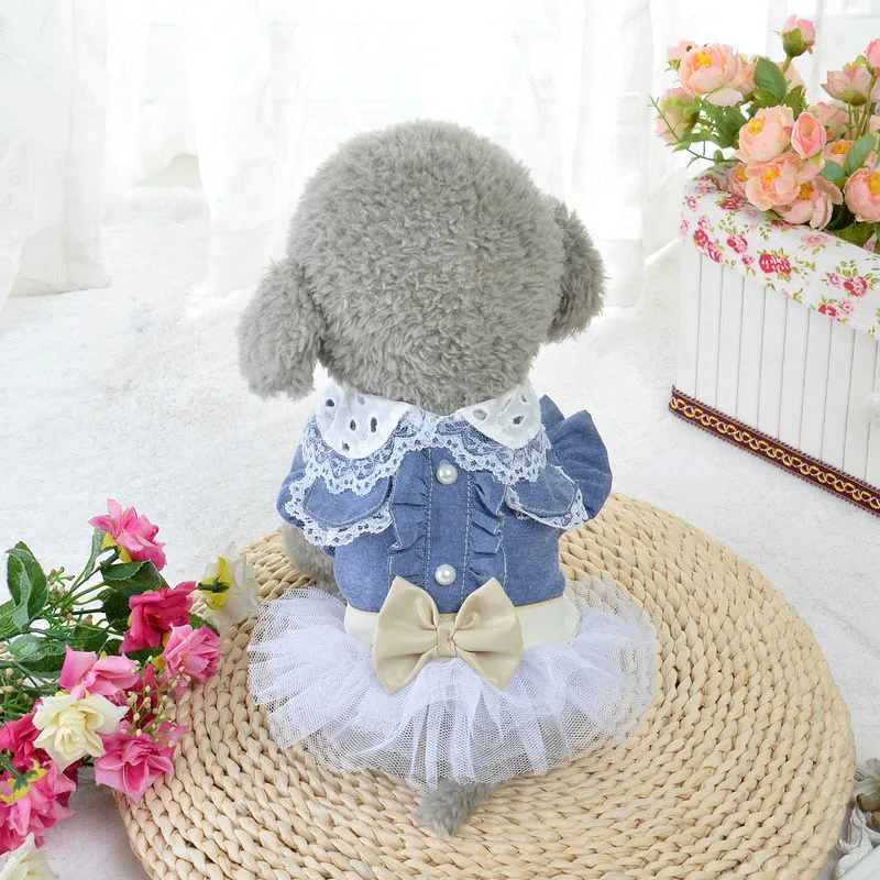 Lace Jean Dog Dress Summer Breathable England Style Bow Tie Chiffon Pet Shirt Puppy Cat Dresses For Small Dogs Teddy Chihuahua |