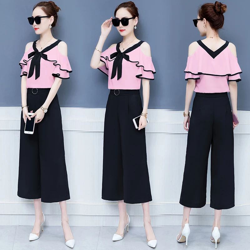 

Korean fashion women bow blouse & high waist pants suit summer new design chiffon wide-legged pants two-piece outfit girl vestid