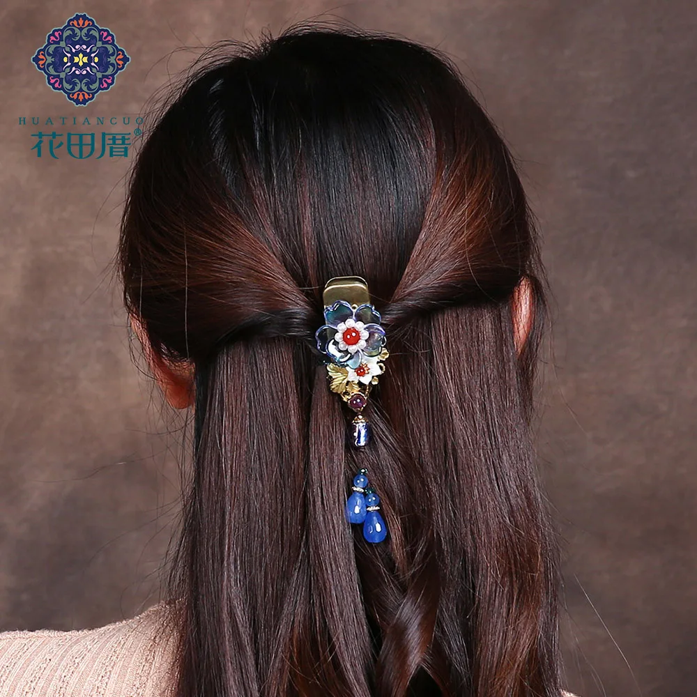 Ethnic Lampwork Flower with Pearl Circle Hair Pin for Women Dangle Shell Drop Golden Vine Leaf HairPin HeadPiece FJ-18117 | Украшения и