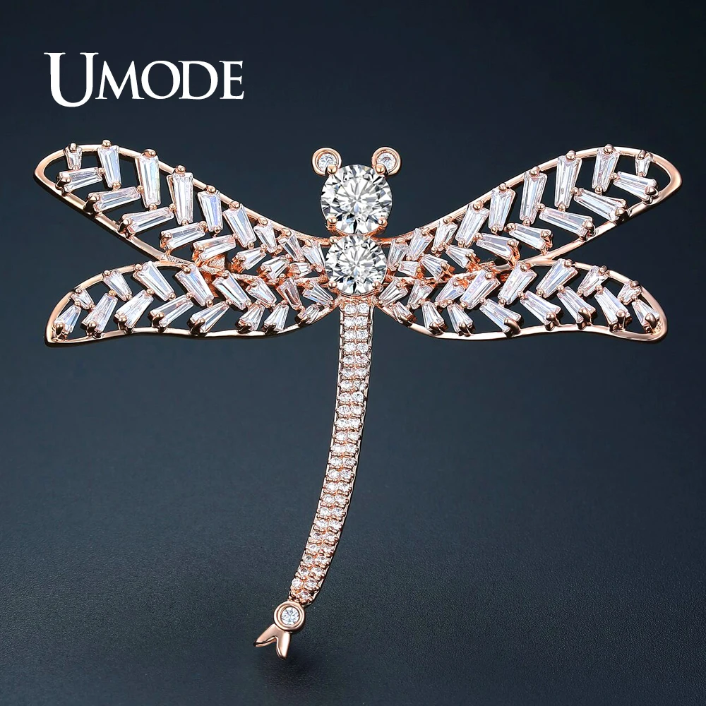 Женская брошь в форме стрекозы UMODE из розового золота с крупными фианитами и