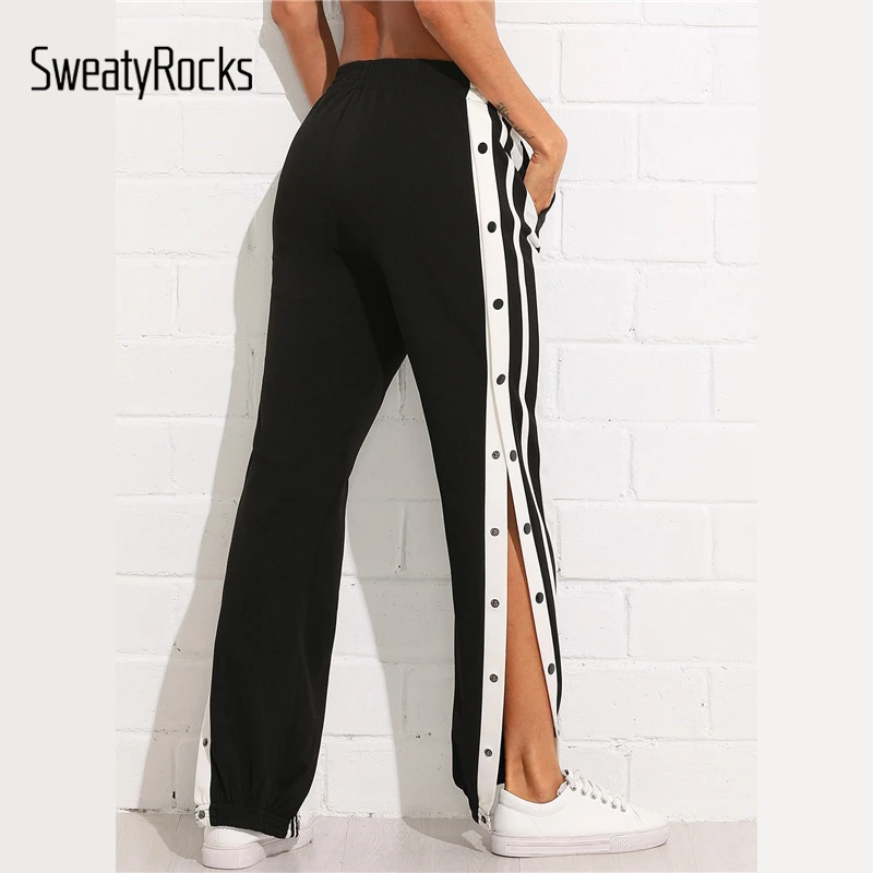 SweatyRocks, полосатые штаны с пуговицами, уличная одежда, женские зауженные брюки, модные весенние Стильные черные брюки и брюки