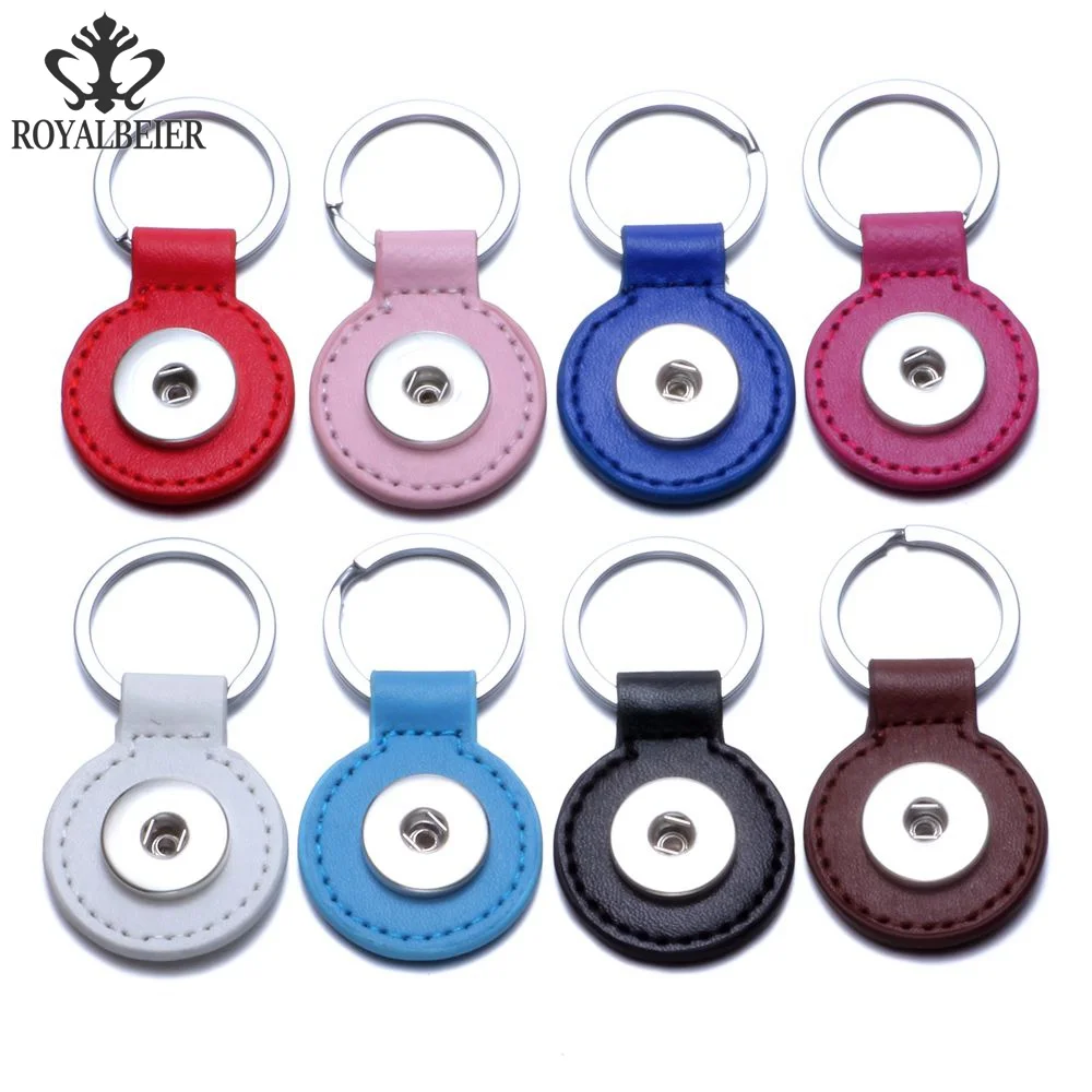 

RoyalBeier Wholesale 8PC/lot Round Colorful Leather Keychains Simple Fit DIY 18MM Snap Buttons For Car Metal Key Rings KeyChain